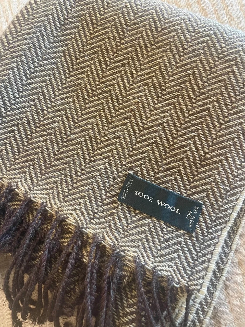 Brown Cream Herringbone 100% Wool Scarf | Fringe Quiet Luxury Wrap
